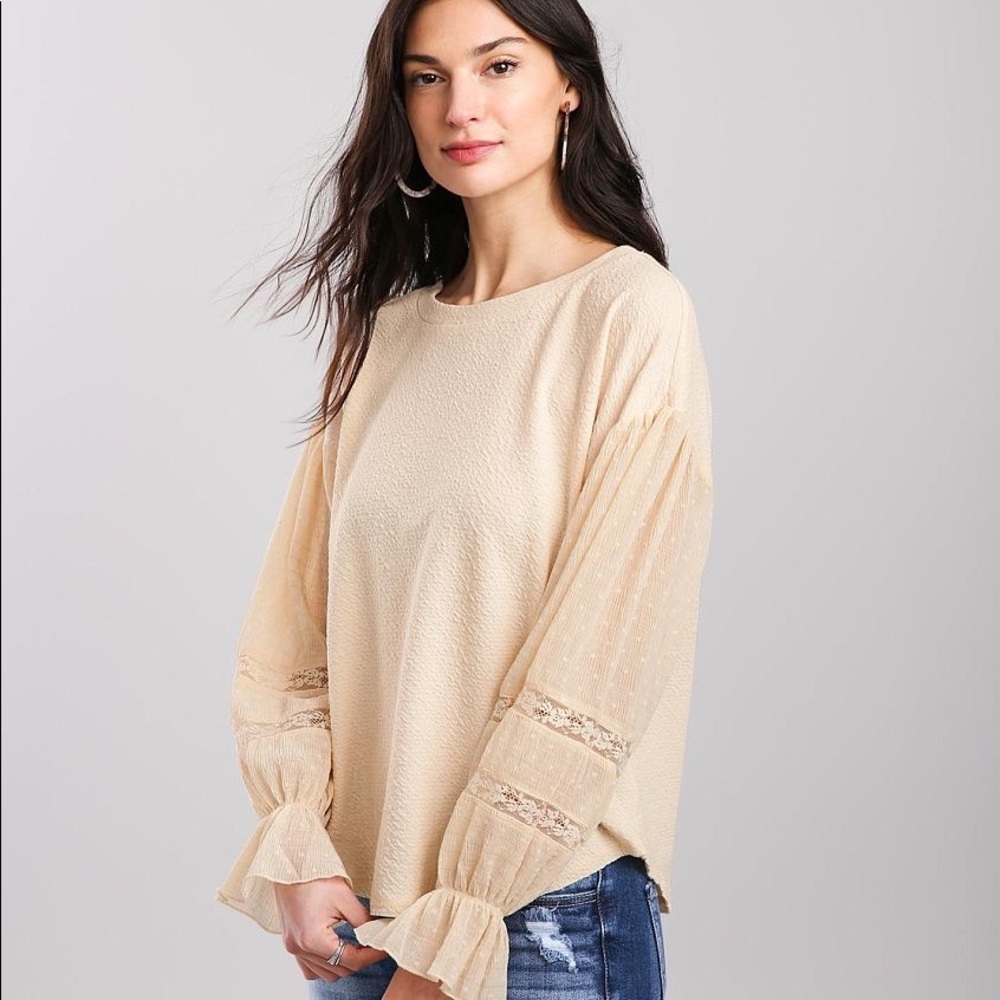 Anthropologie Blu Pepper Cream Long Balloon Lace Sleeve Textured Top
